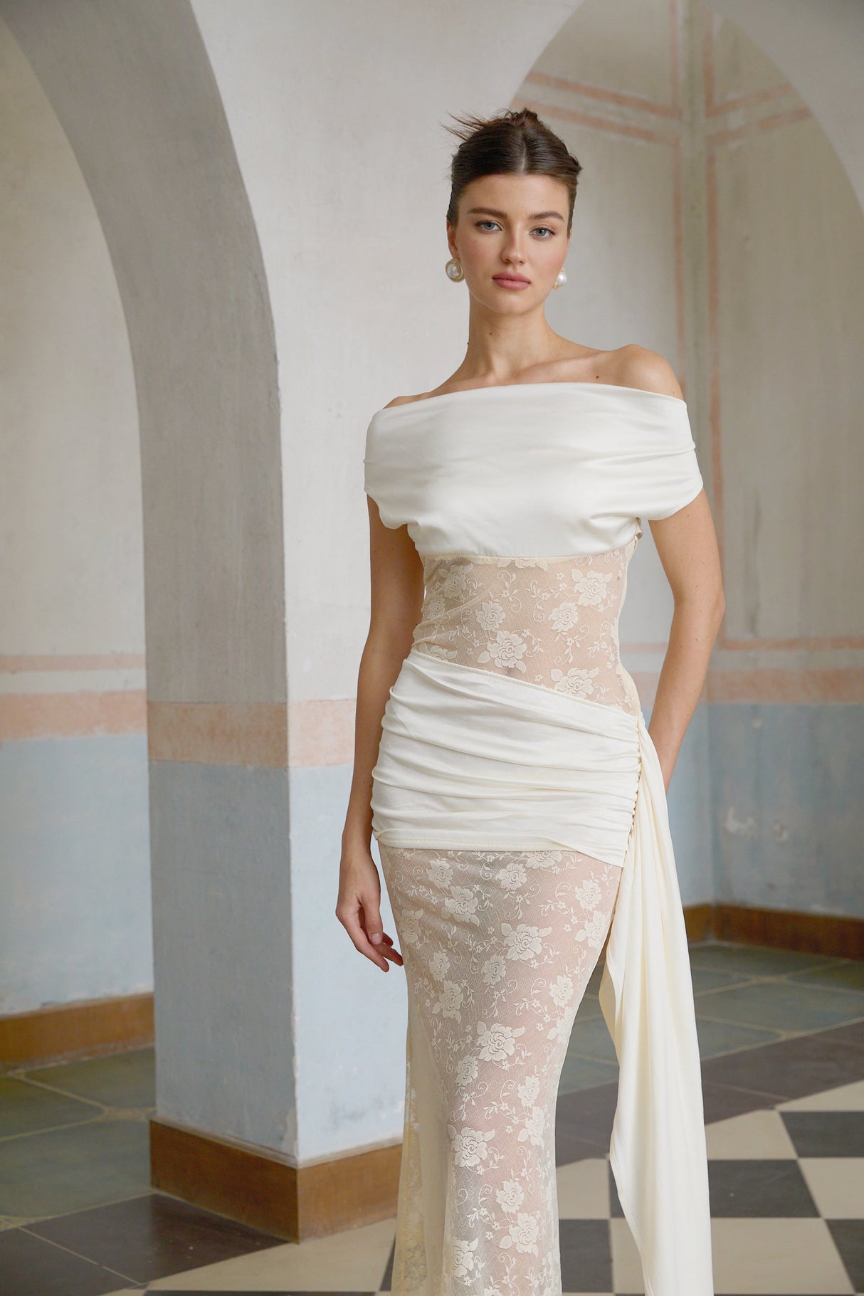 Aurohaya Lilou neutrals ribbon panelled floral-lace maxi dress