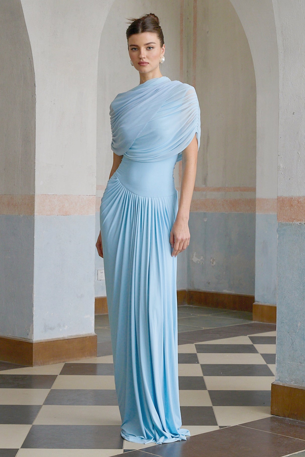 Aurohaya Catherine asymmetrical pleated maxi dress in Baby-blue