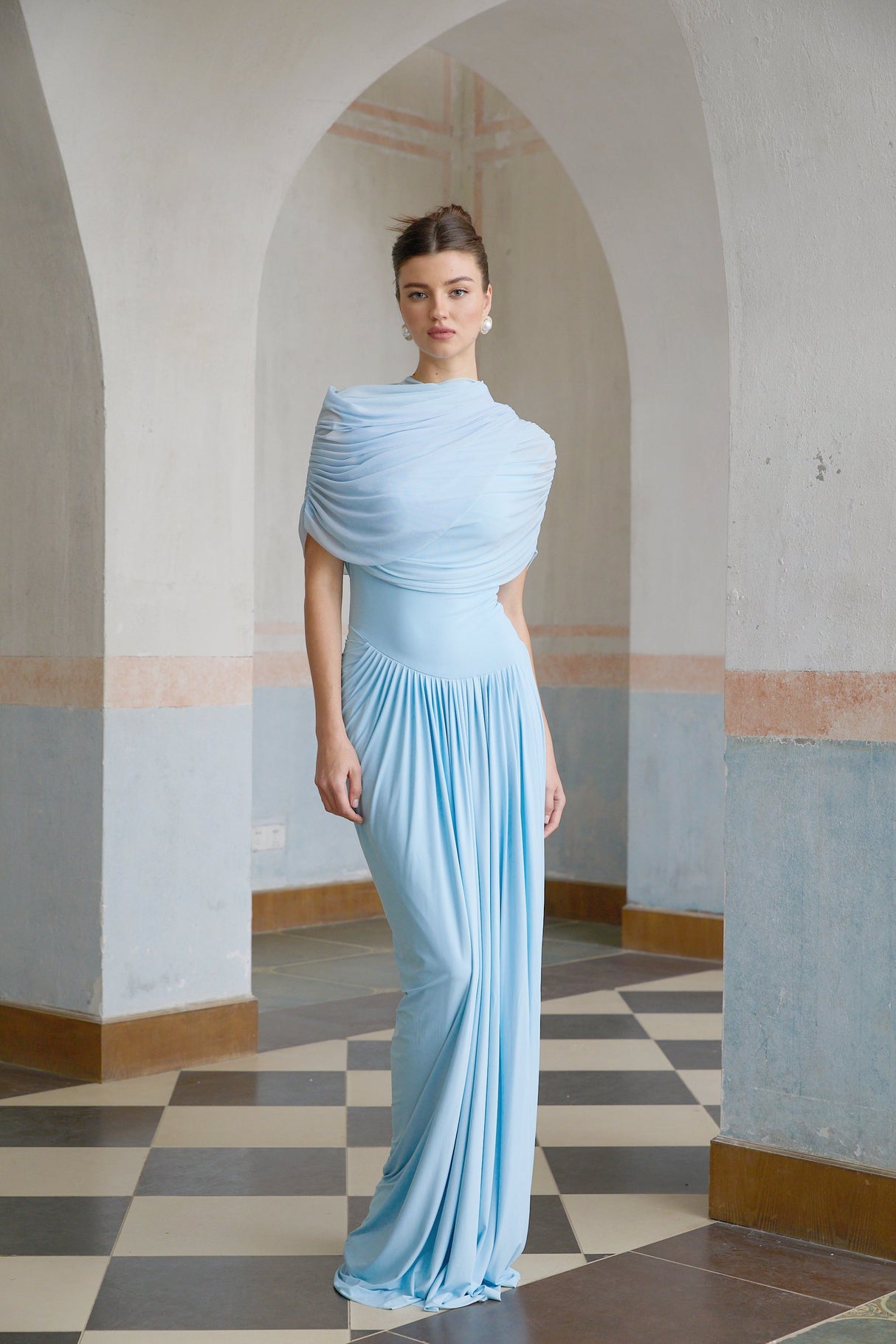Aurohaya Catherine asymmetrical pleated maxi dress in Baby-blue