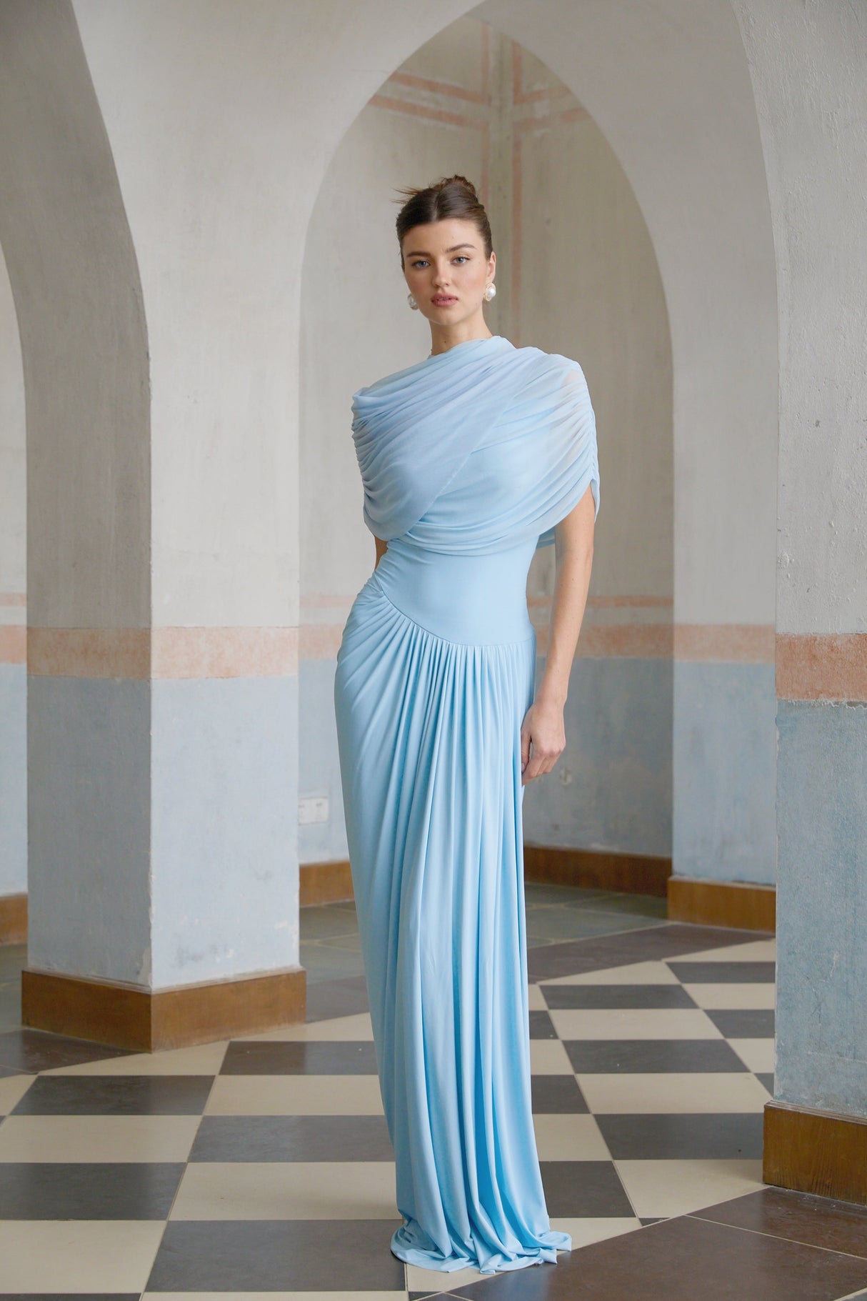 Aurohaya Catherine asymmetrical pleated maxi dress in Baby-blue