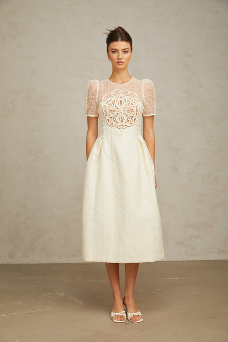 Aurohaya Camille white braid panelled midi dress