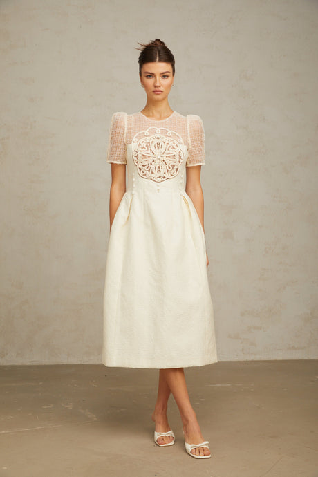 Aurohaya Camille white braid panelled midi dress