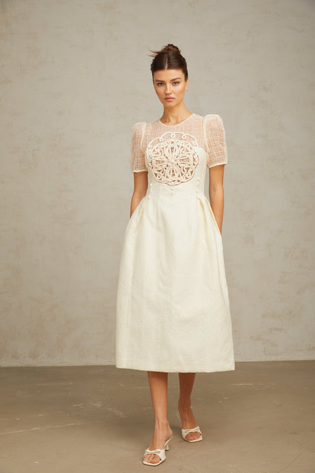Aurohaya Camille white braid panelled midi dress