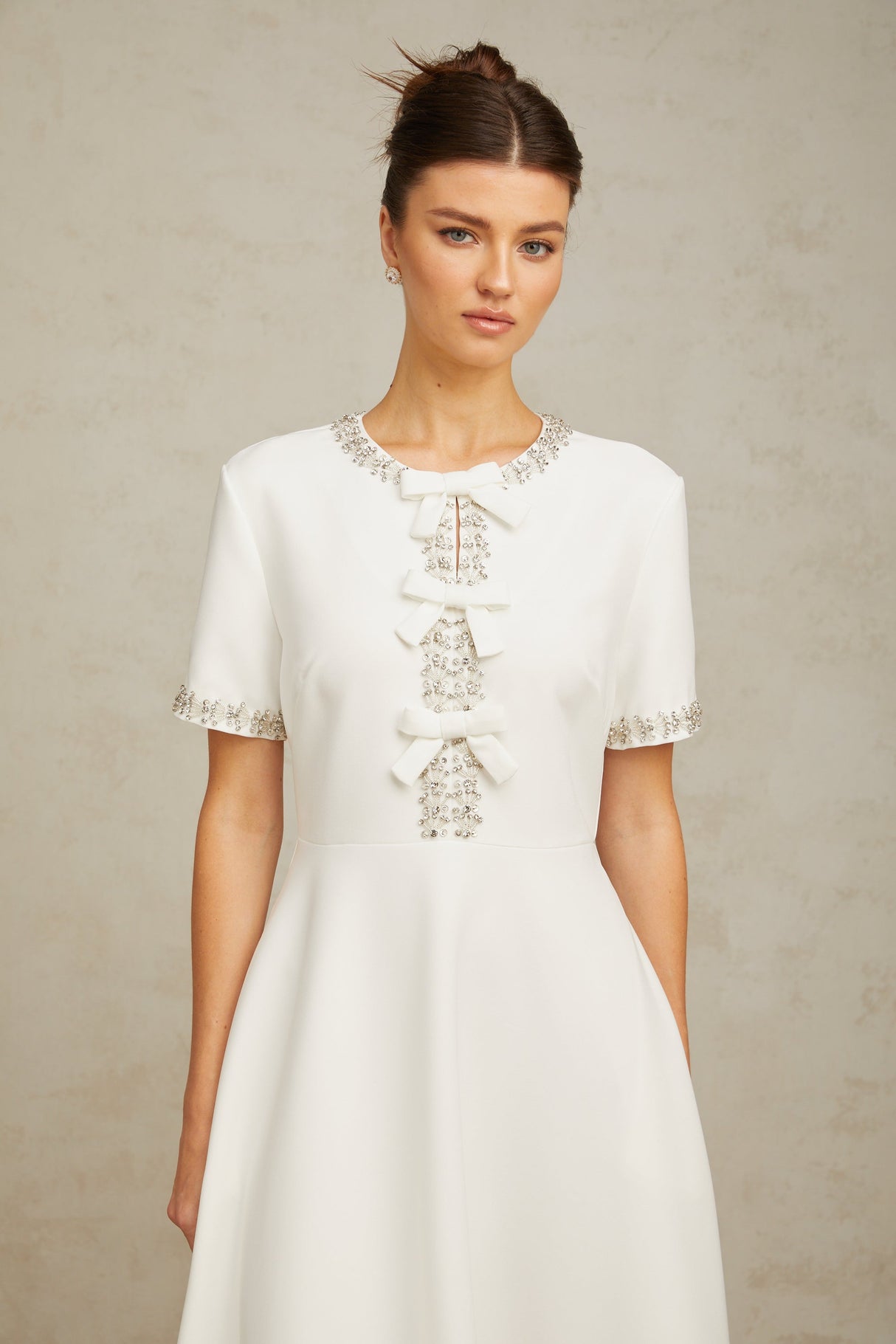 Aurohaya Cassiopeia crystal-accented bow midi dress in White