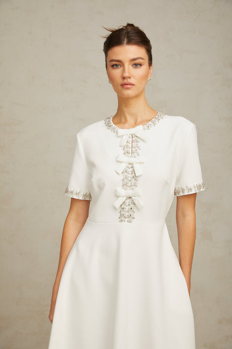 Aurohaya Cassiopeia crystal-accented bow midi dress in White