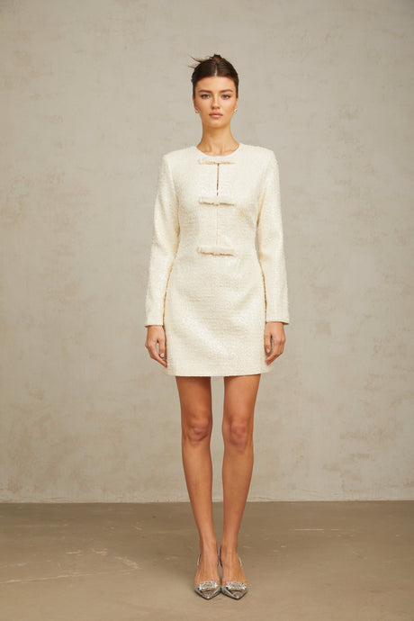 Aurohaya Angélique white sequined tweed mini dress