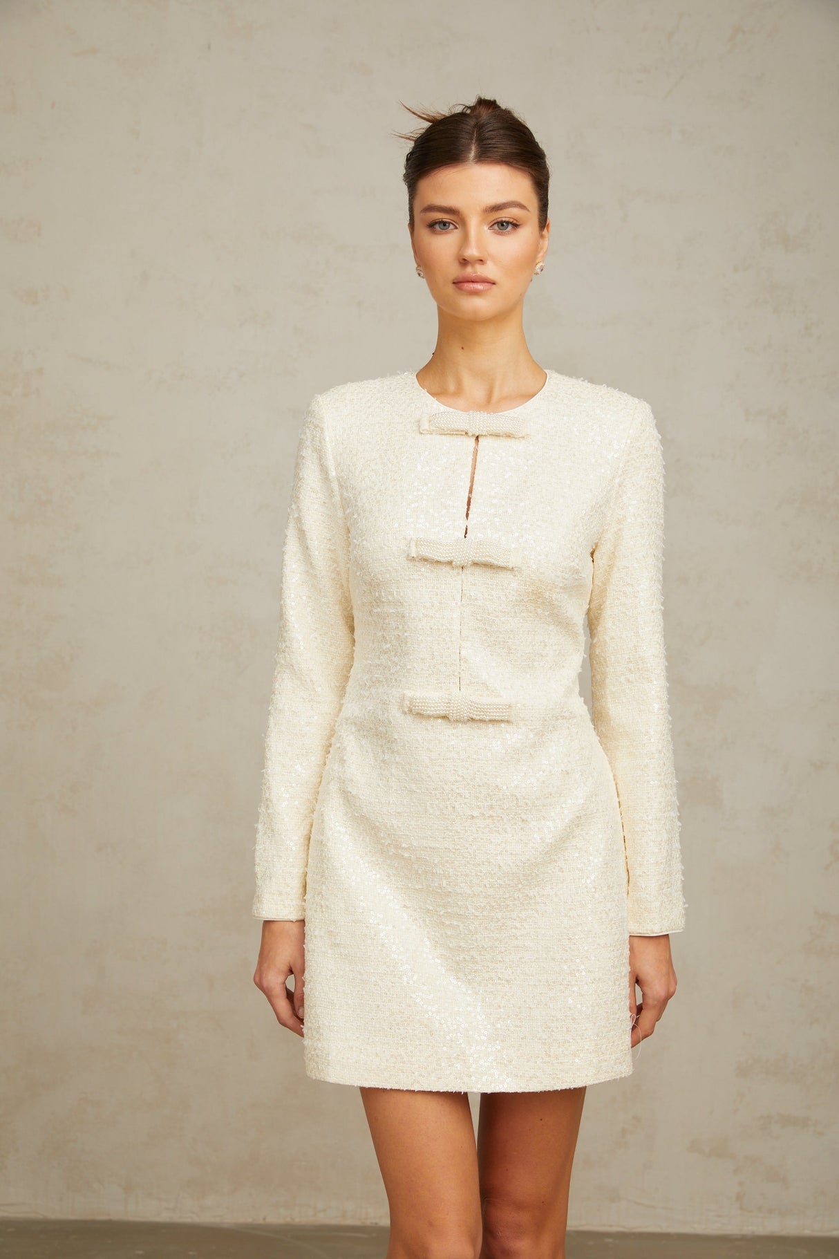 Aurohaya Angélique white sequined tweed mini dress
