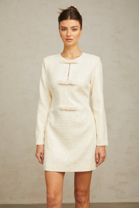 Aurohaya Angélique white sequined tweed mini dress