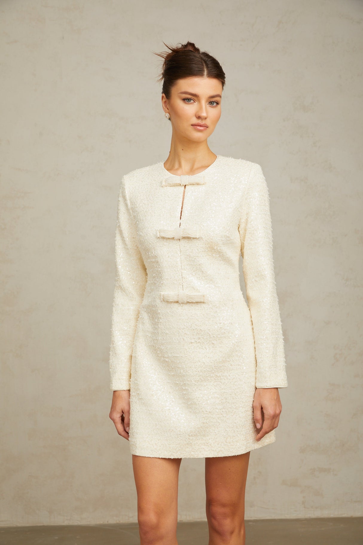 Aurohaya Angélique white sequined tweed mini dress