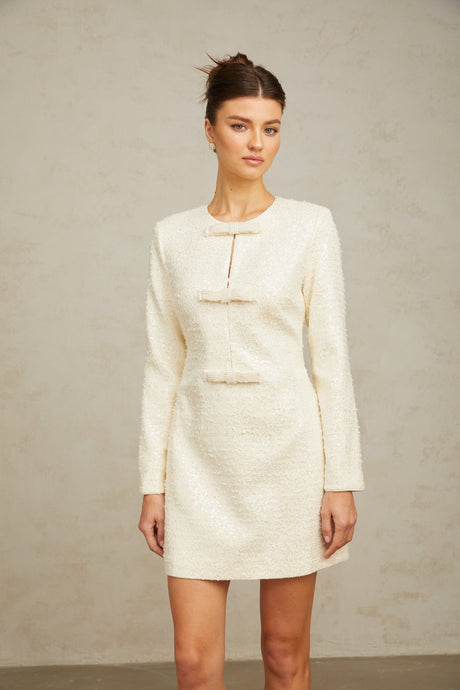 Aurohaya Angélique white sequined tweed mini dress