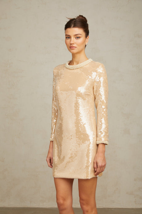 Aurohaya Ornella neutrals faux-pearl sequined mini dress