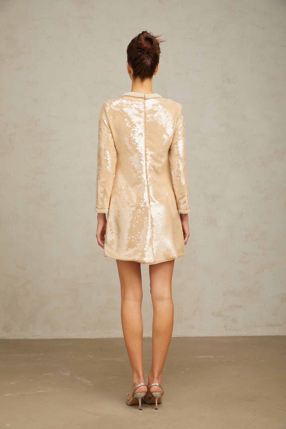 Aurohaya Ornella neutrals faux-pearl sequined mini dress