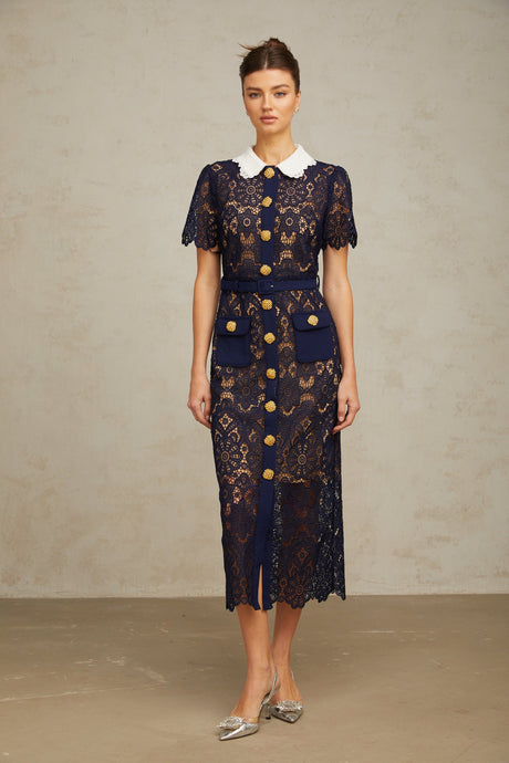 Aurohaya Ariane Navy Crochet-lace Midi Dress