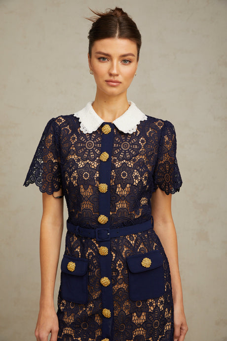 Aurohaya Ariane Navy Crochet-lace Midi Dress
