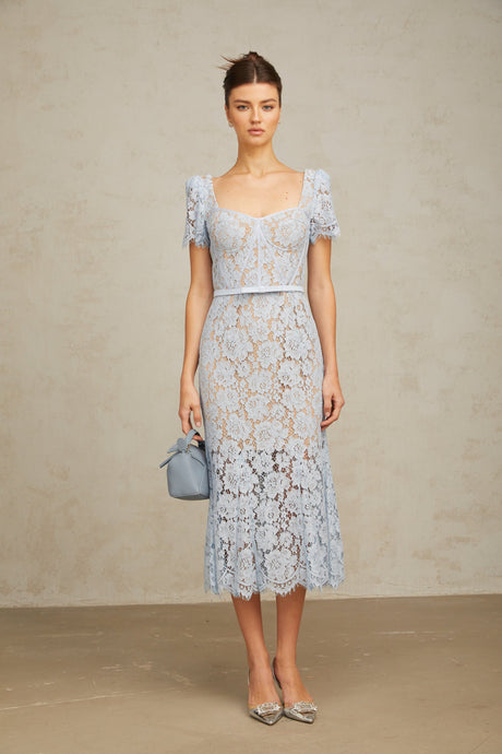 Aurohaya Audrey blue floral-lace boned midi dress