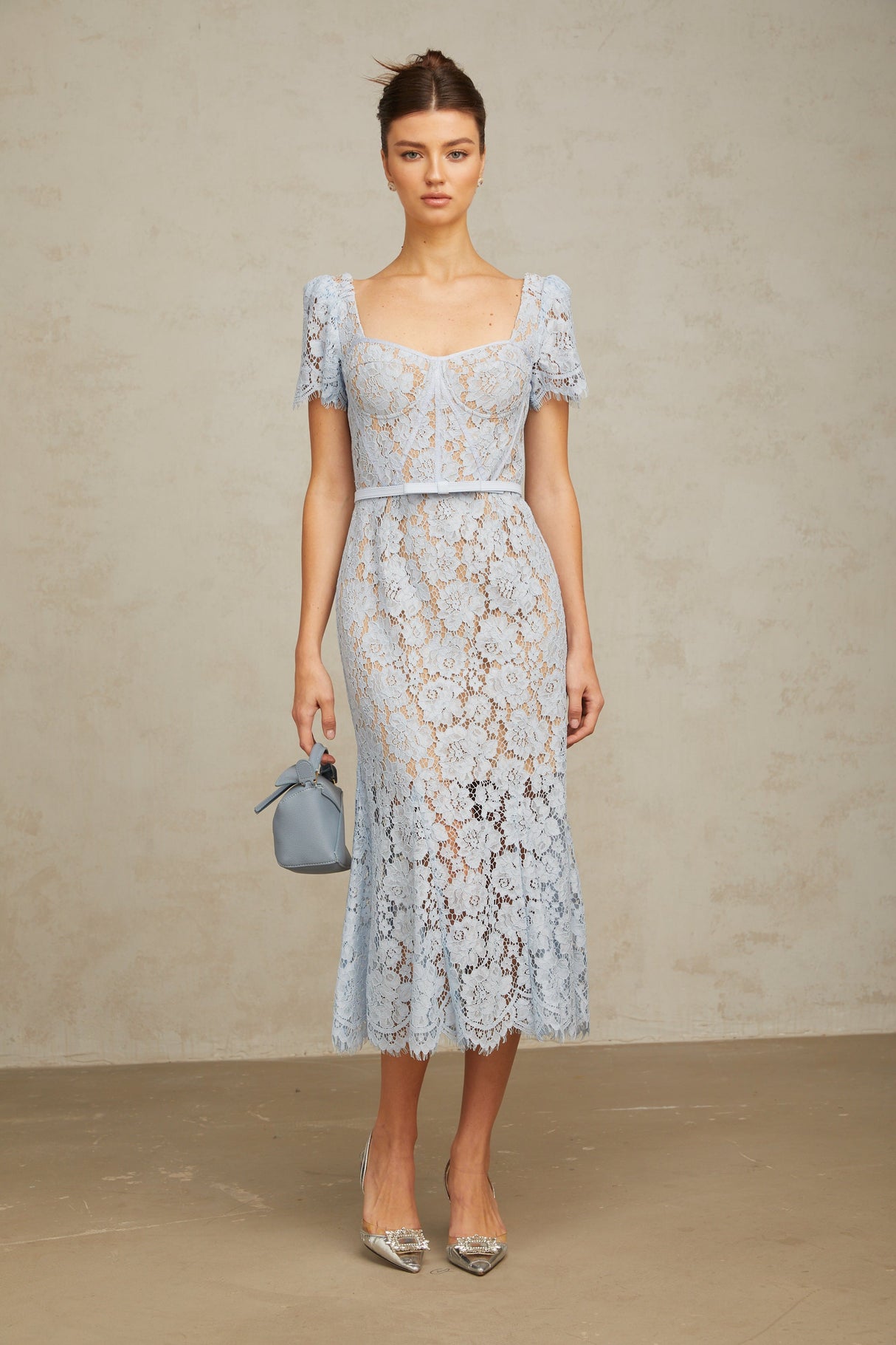 Aurohaya Audrey blue floral-lace boned midi dress