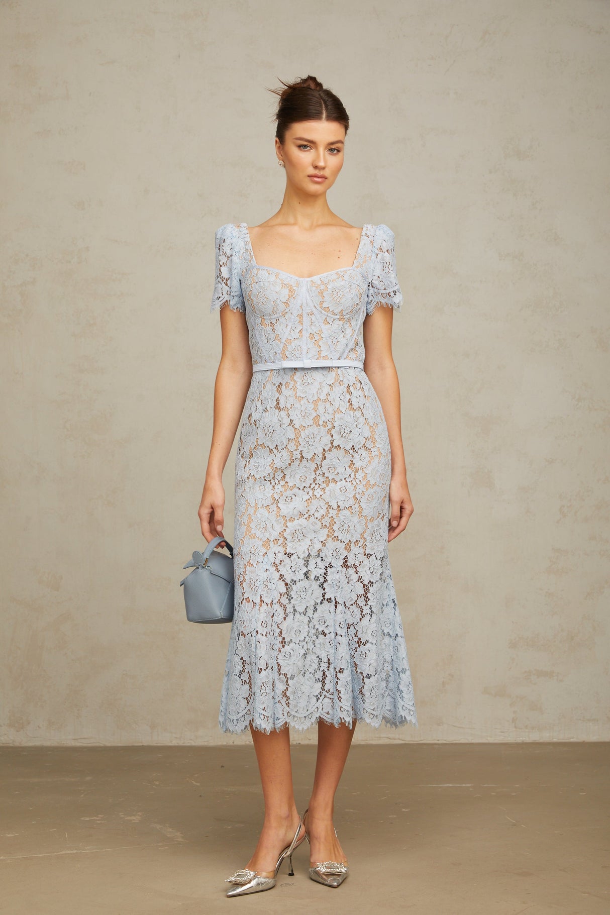 Aurohaya Audrey blue floral-lace boned midi dress