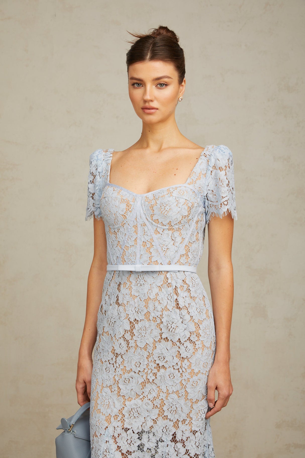 Aurohaya Audrey blue floral-lace boned midi dress