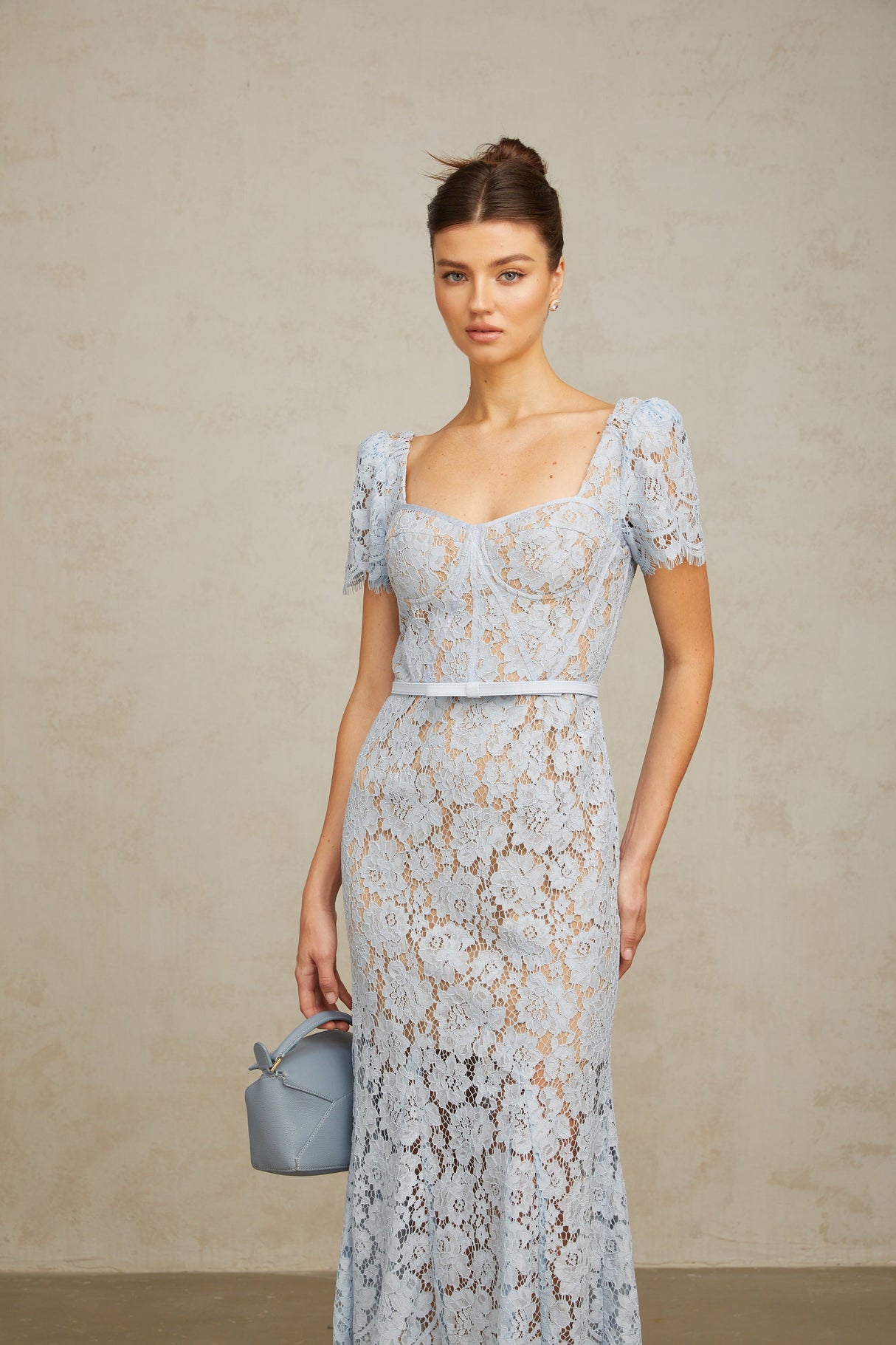 Aurohaya Audrey blue floral-lace boned midi dress