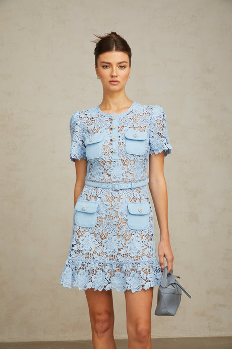 Aurohaya Ariane blue floral-appliqué ruffled lace mini dress