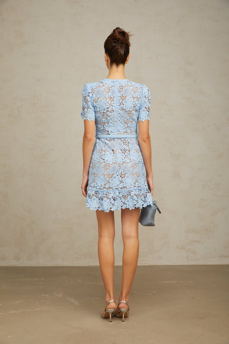 Aurohaya Ariane blue floral-appliqué ruffled lace mini dress
