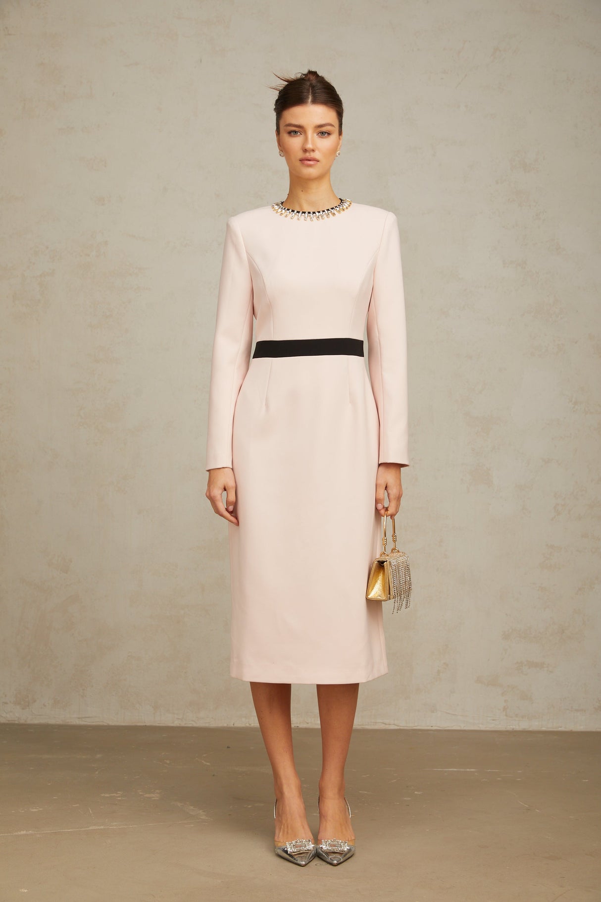 Aurohaya Anaïs pink crystal color-blocked midi dress