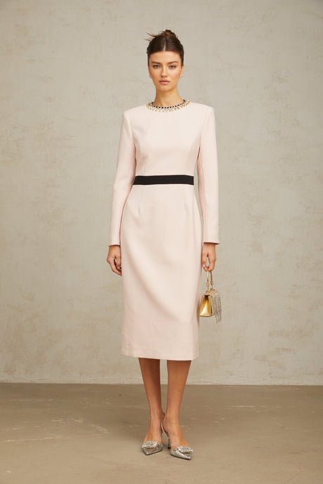 Aurohaya Anaïs pink crystal color-blocked midi dress