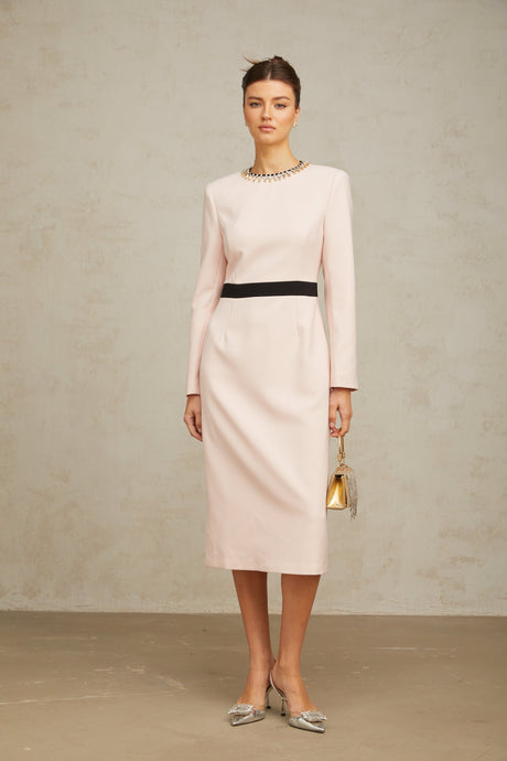 Aurohaya Anaïs pink crystal color-blocked midi dress