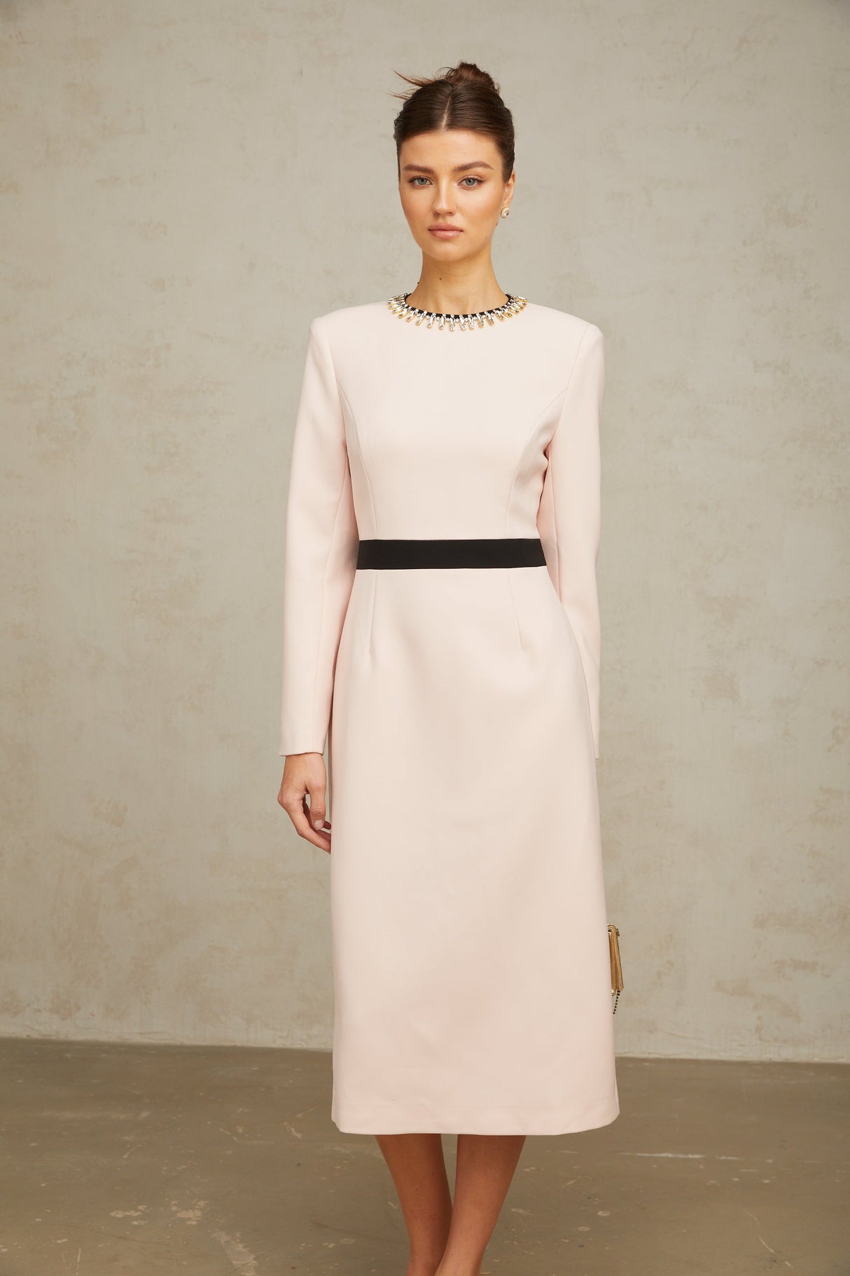 Aurohaya Anaïs pink crystal color-blocked midi dress