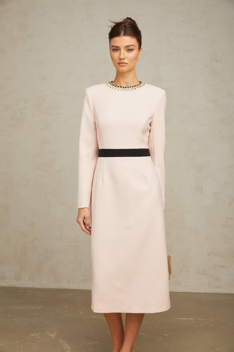 Aurohaya Anaïs pink crystal color-blocked midi dress