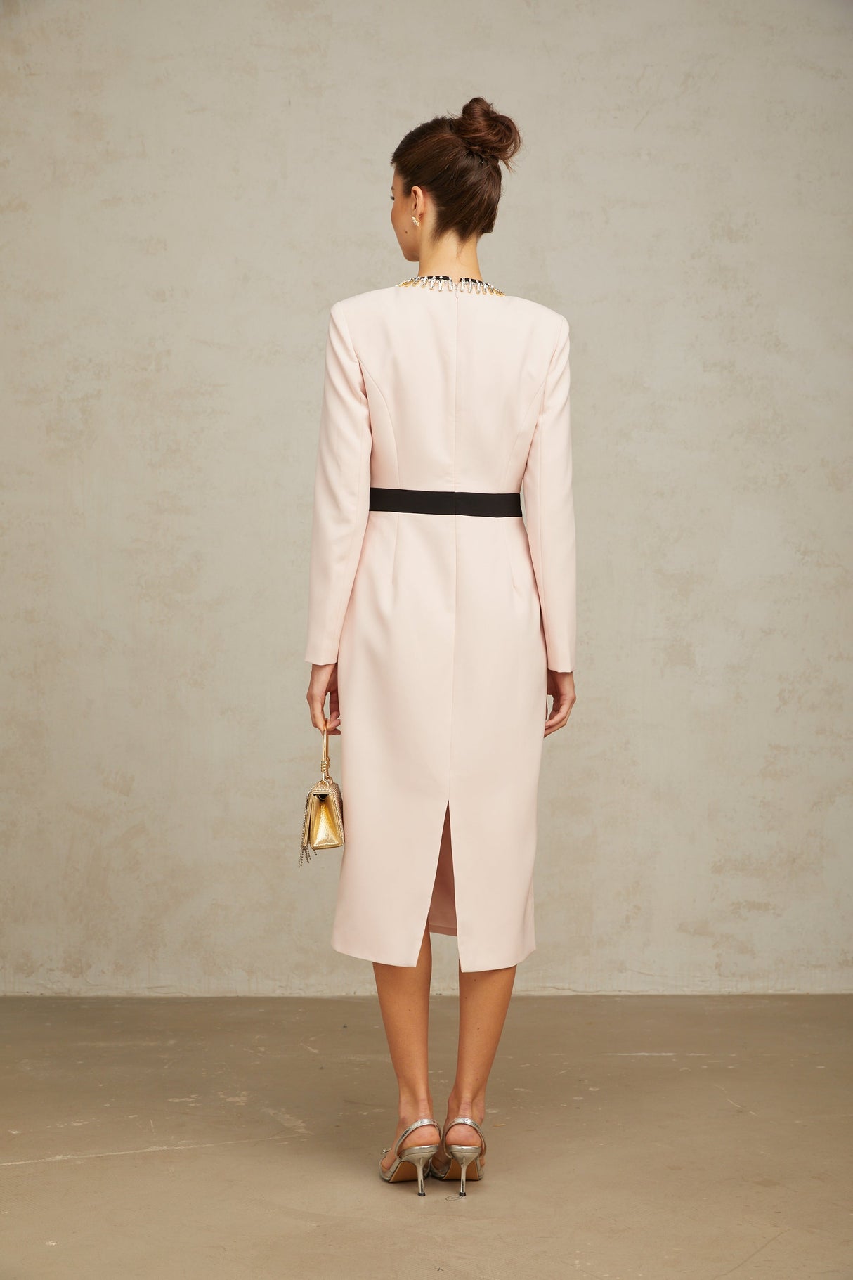 Aurohaya Anaïs pink crystal color-blocked midi dress