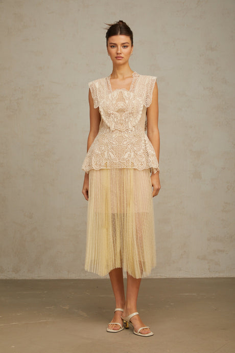 Aurohaya Céleste floral-lace-panelling tulle midi dress in Neutrals