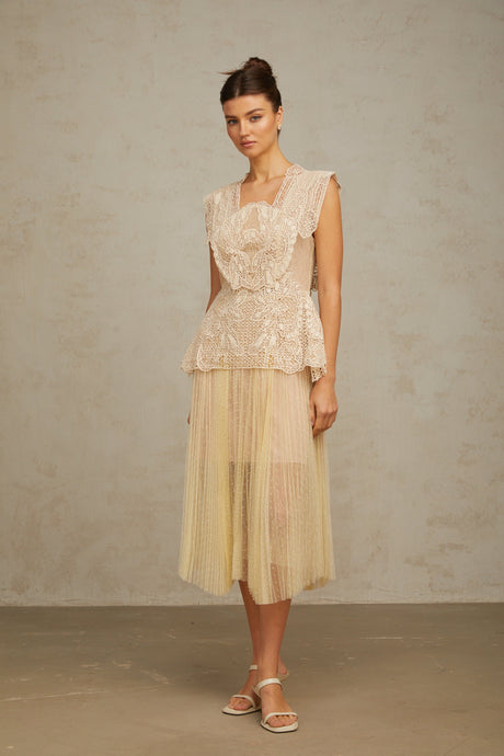Aurohaya Céleste floral-lace-panelling tulle midi dress in Neutrals