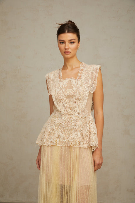 Aurohaya Céleste floral-lace-panelling tulle midi dress in Neutrals
