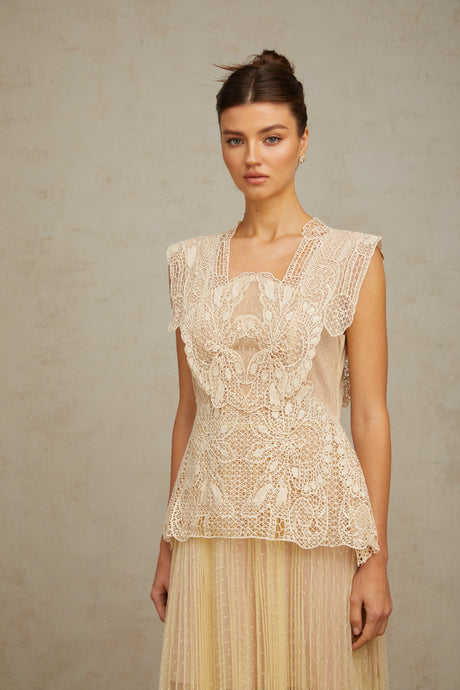 Aurohaya Céleste floral-lace-panelling tulle midi dress in Neutrals