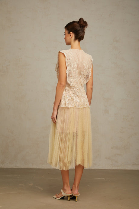 Aurohaya Céleste floral-lace-panelling tulle midi dress in Neutrals