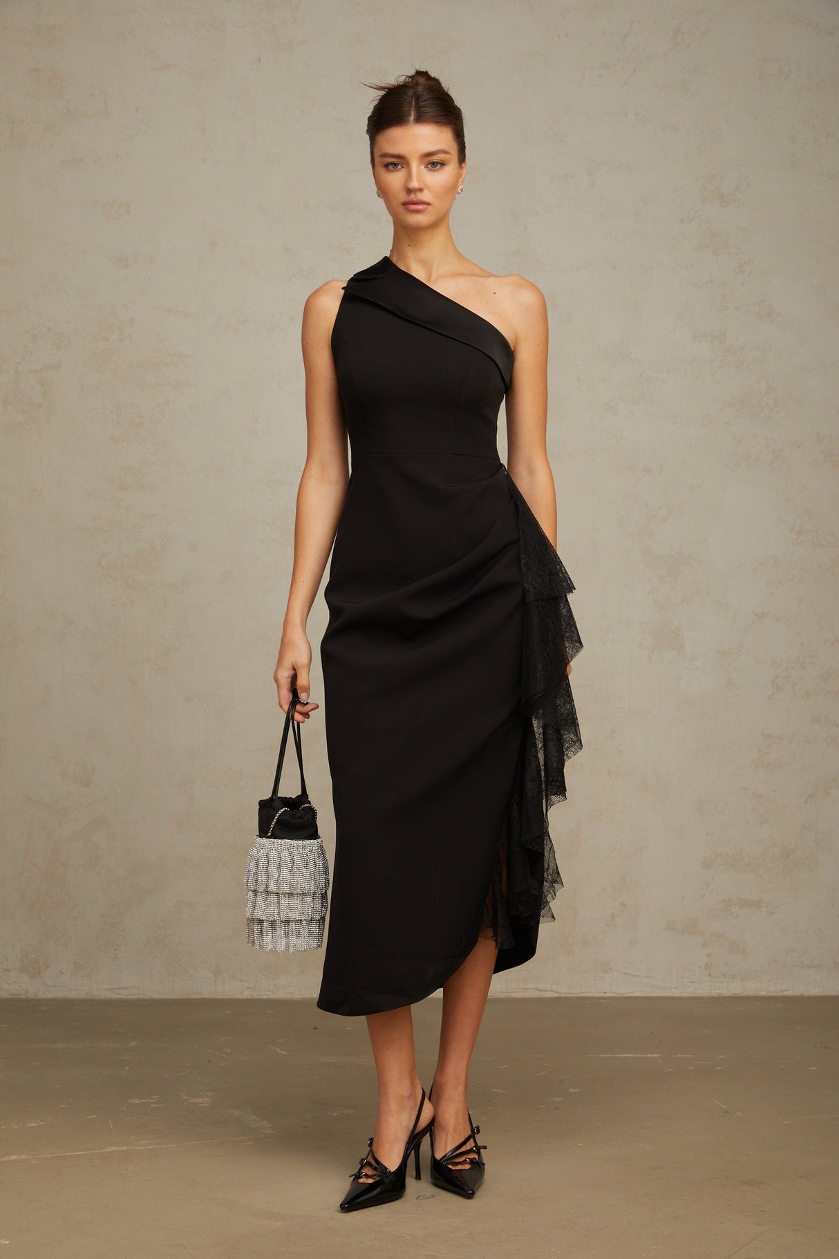 Aurohaya Bernadette black lace-panell asymmetrical midi dress