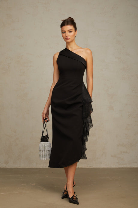 Aurohaya Bernadette black lace-panell asymmetrical midi dress