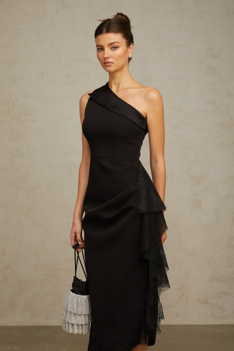 Aurohaya Bernadette black lace-panell asymmetrical midi dress