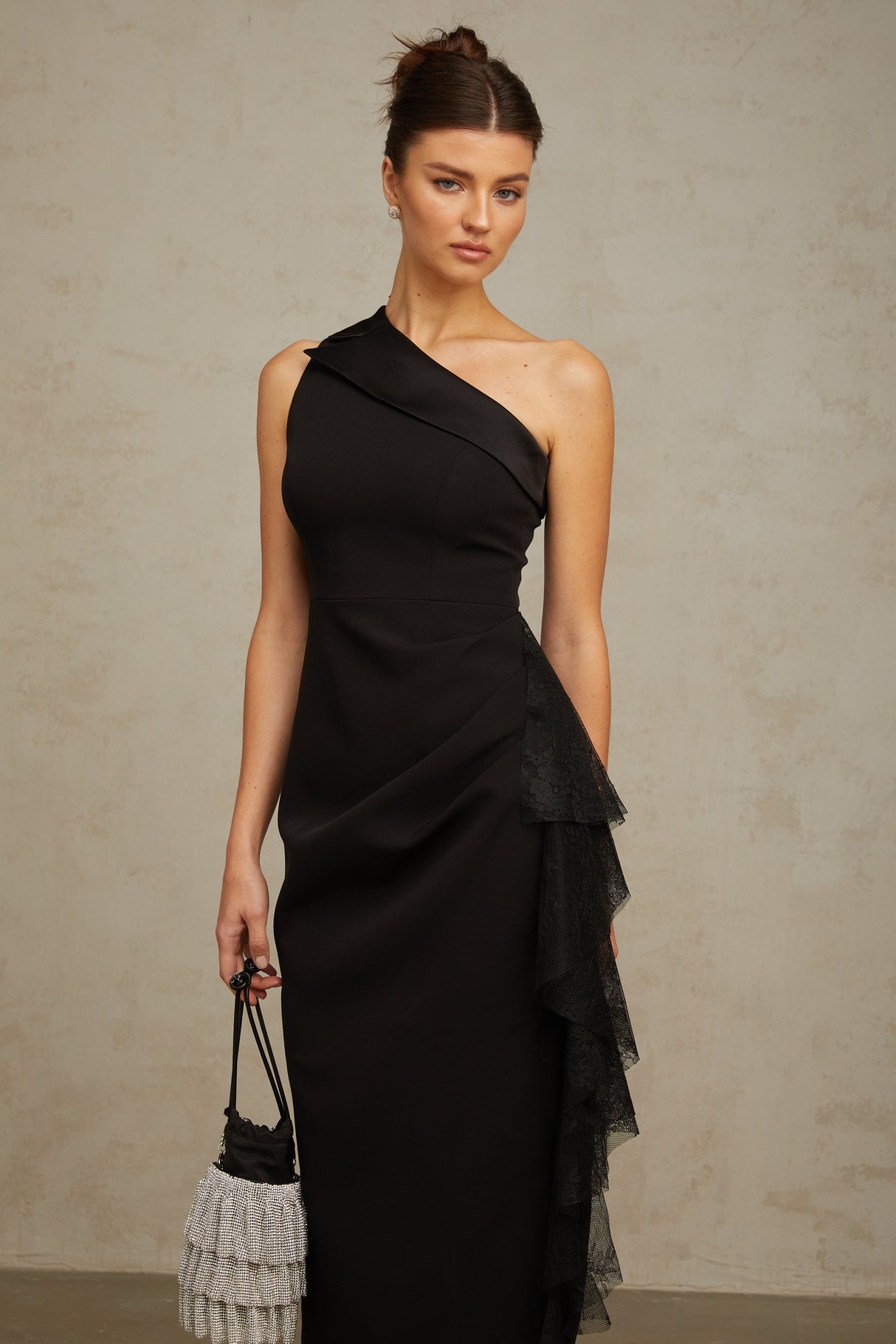 Aurohaya Bernadette black lace-panell asymmetrical midi dress