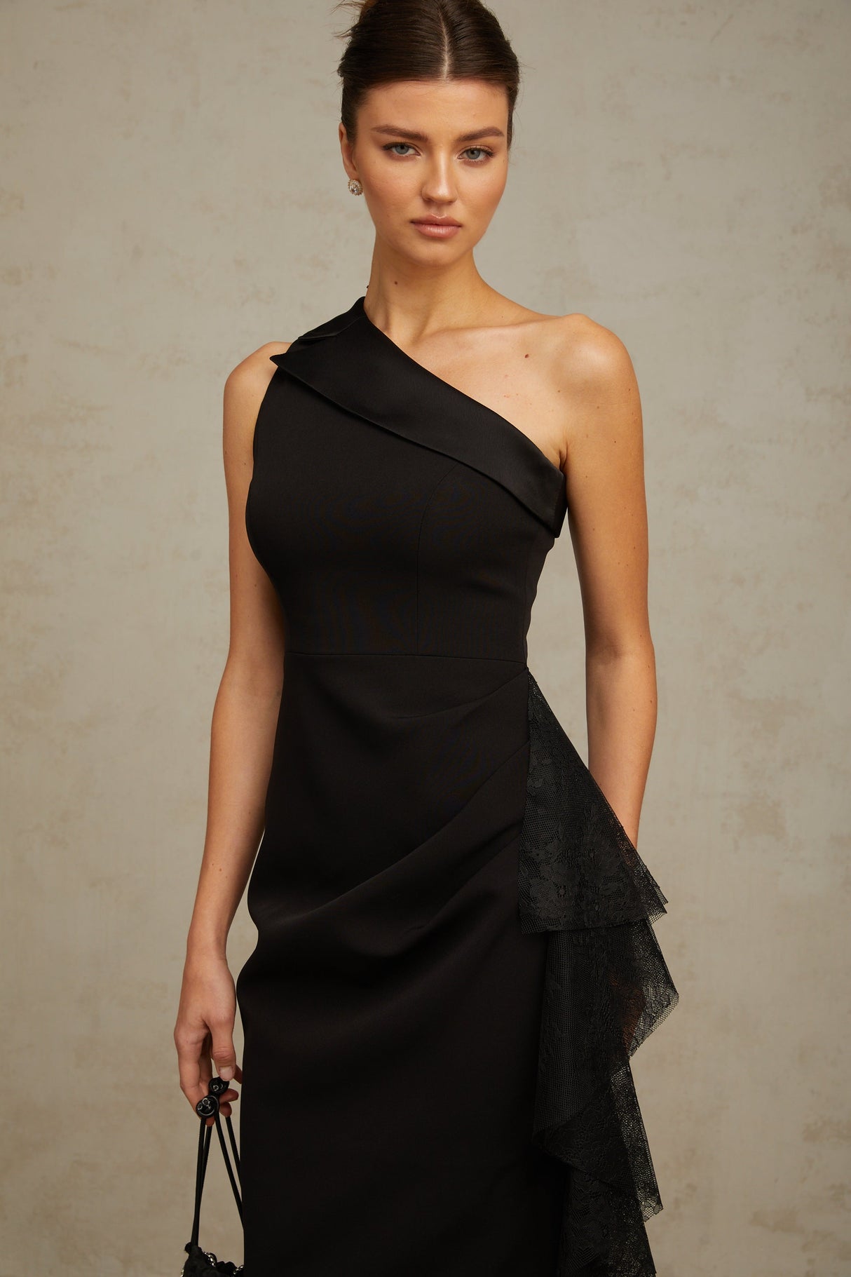 Aurohaya Bernadette black lace-panell asymmetrical midi dress
