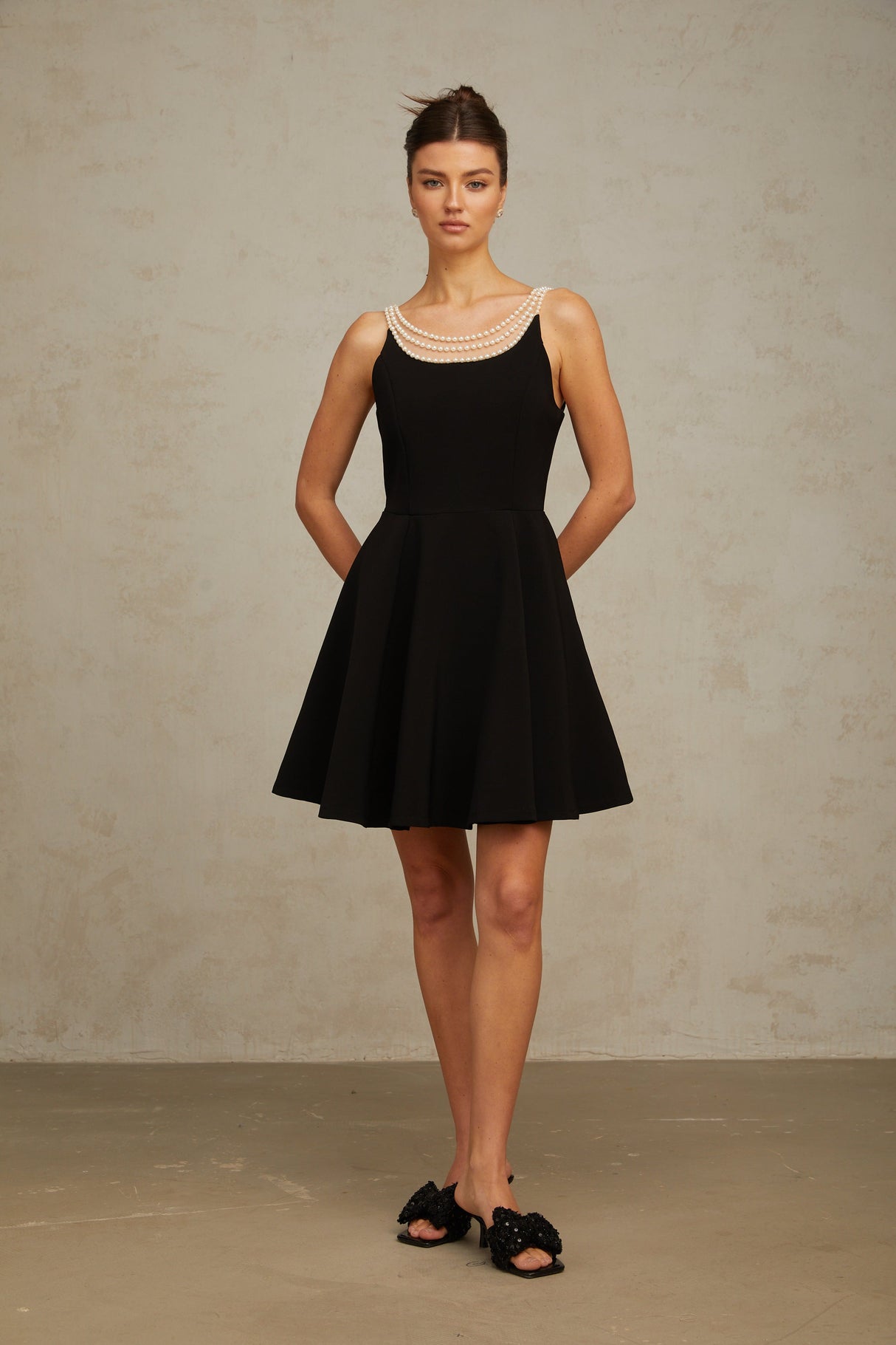 Aurohaya Danaé black faux-pearl-embellished mini dress