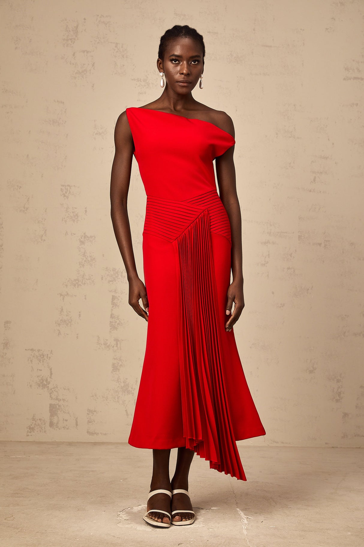 Aurohaya Laurine asymmetrical draped midi dress in Red