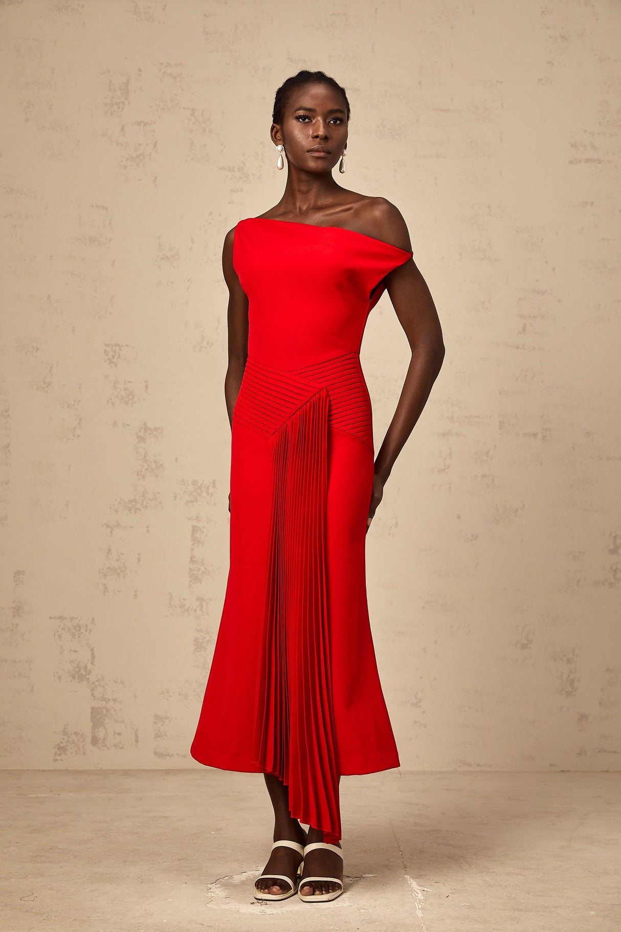 Aurohaya Laurine asymmetrical draped midi dress in Red