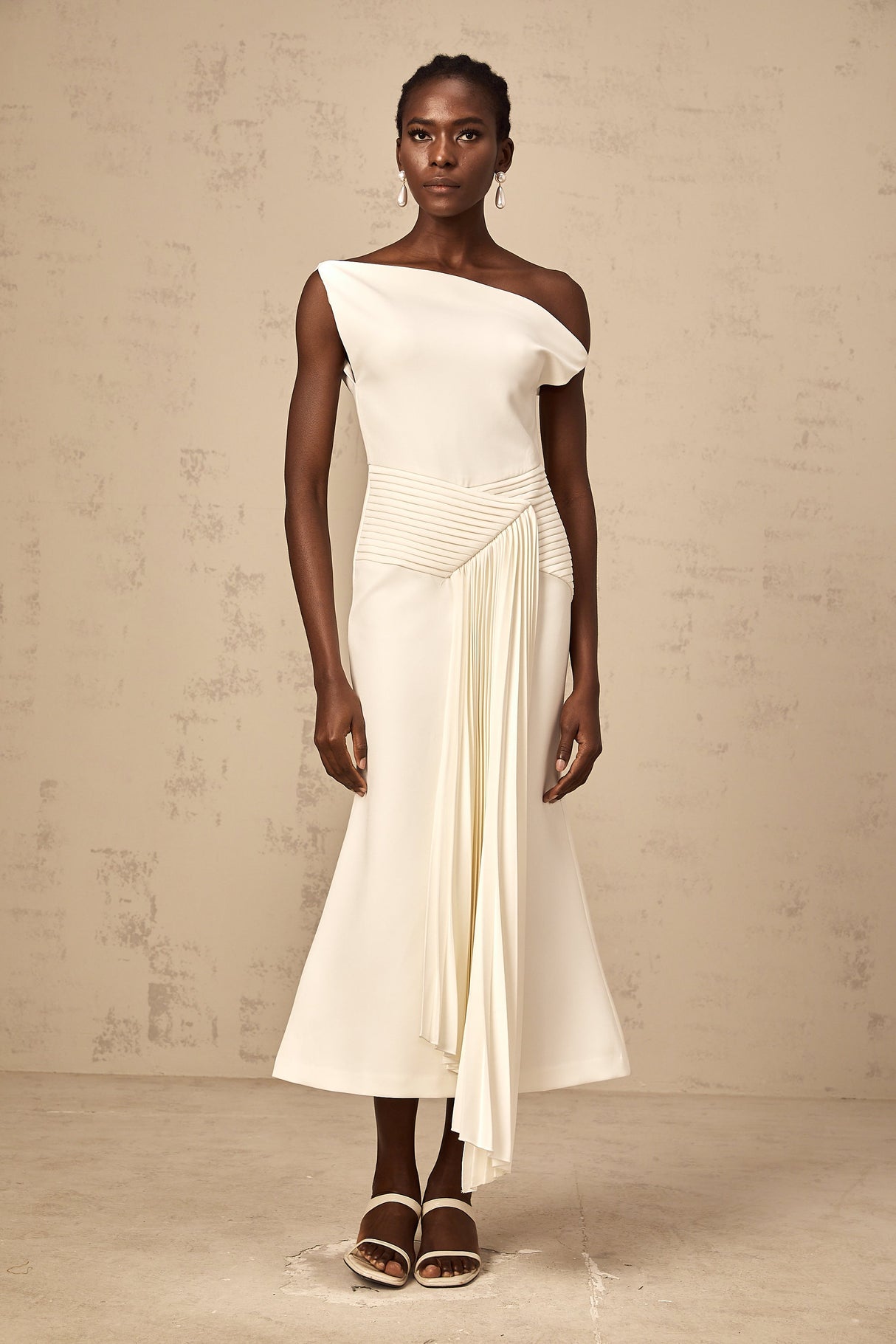 Aurohaya Laurine asymmetrical draped midi dress in White
