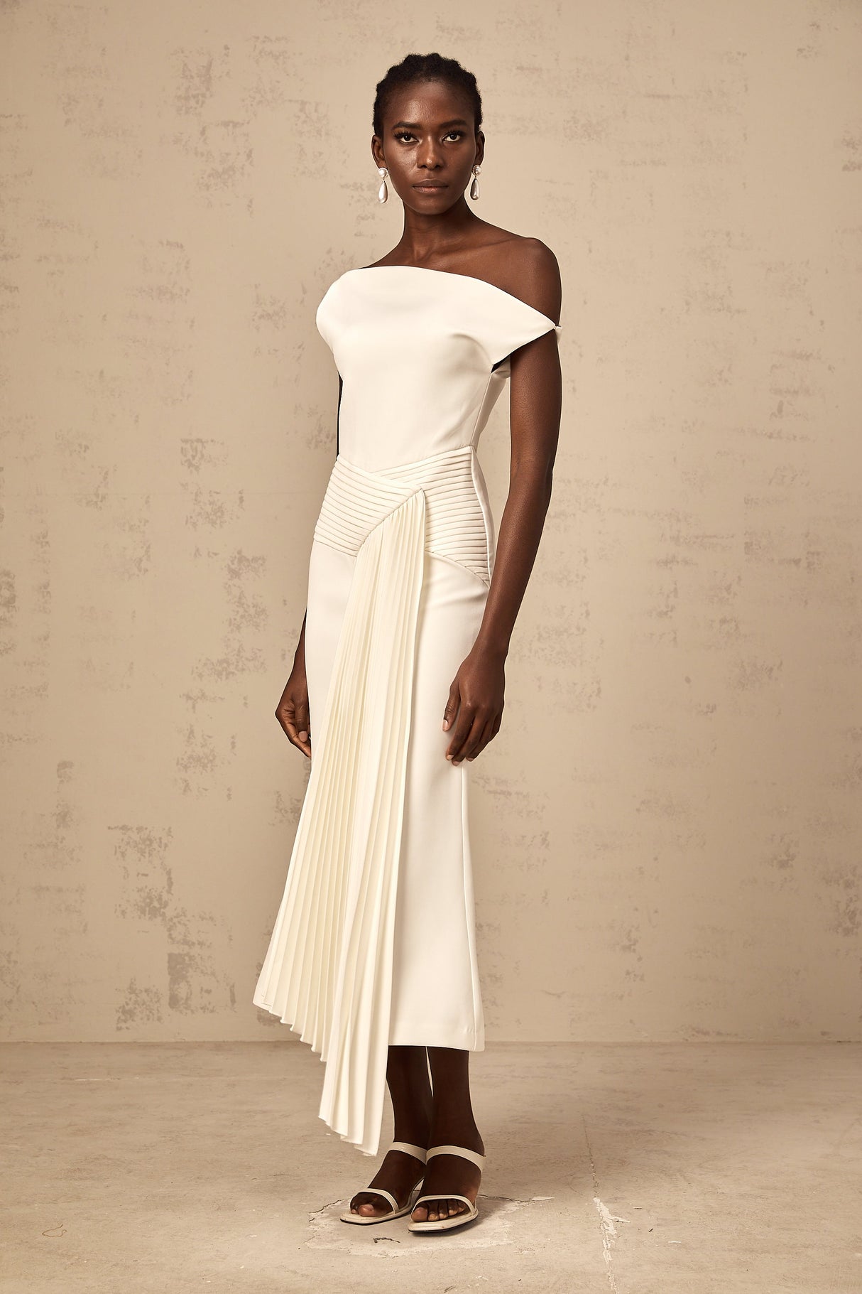 Aurohaya Laurine asymmetrical draped midi dress in White