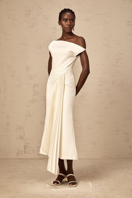 Aurohaya Laurine asymmetrical draped midi dress in White