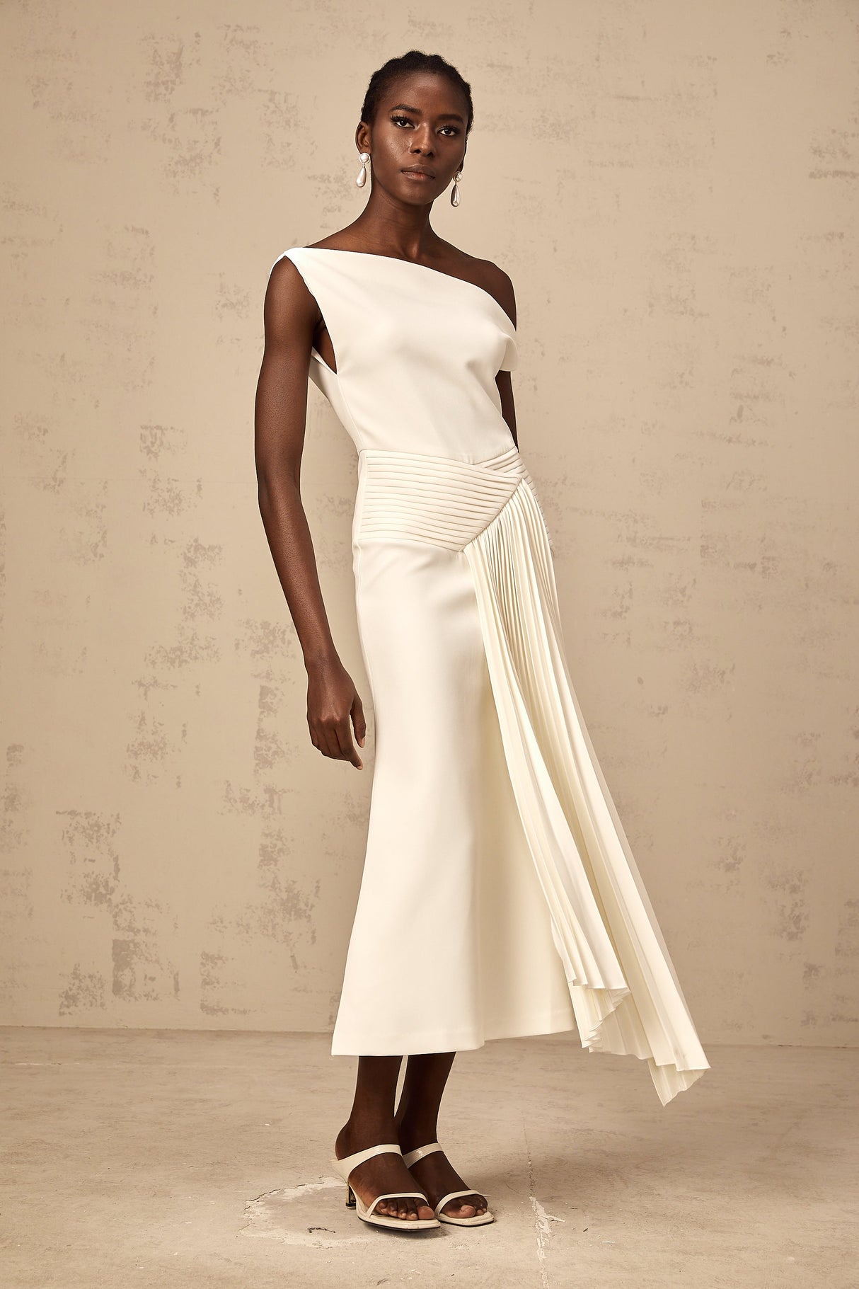 Aurohaya Laurine asymmetrical draped midi dress in White