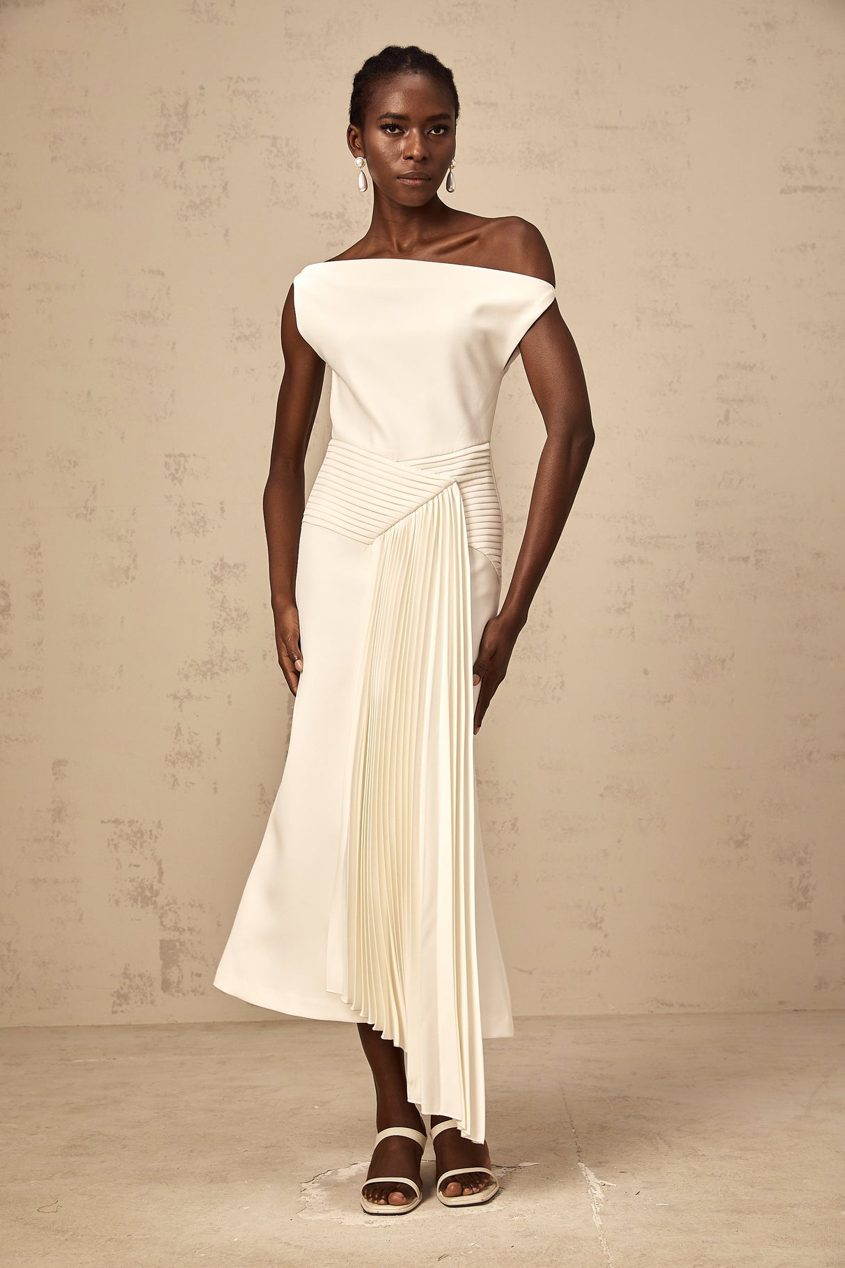 Aurohaya Laurine asymmetrical draped midi dress in White