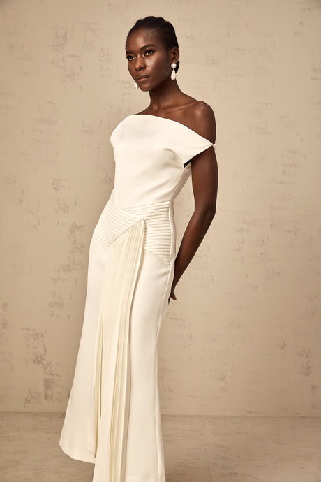 Aurohaya Laurine asymmetrical draped midi dress in White